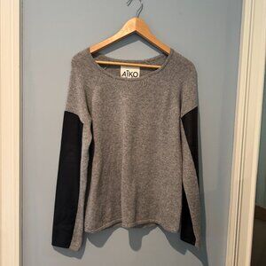 Grey Cashmere Sweater with Leather Detail on the Sleeves